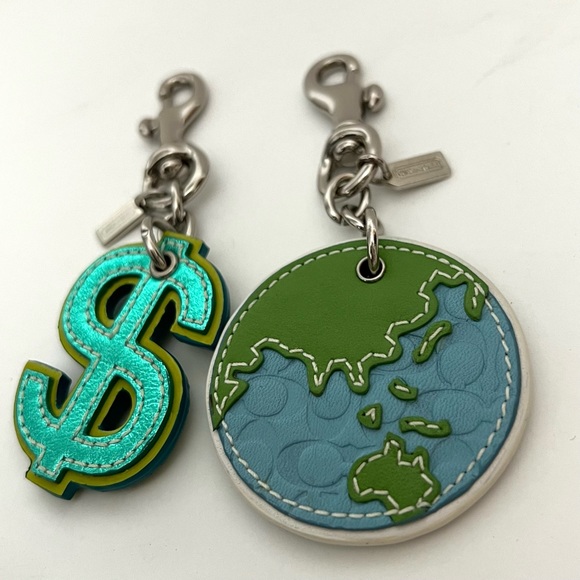 Coach Vtg Keychain Key Fob Earth Globe Dollar Sign Leather Charm Lot Of 2 - Picture 2 of 5